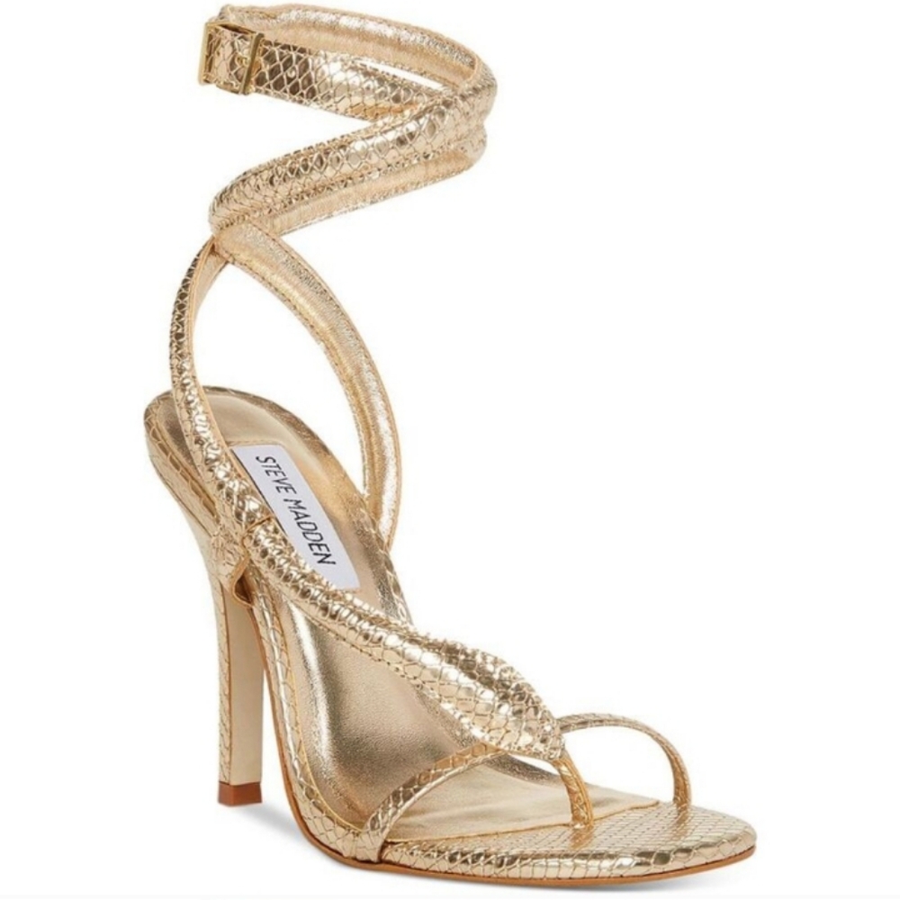 Steve Madden Womens SCALIA Gold Faux Leather Snake Strap Heels Shoes NEW SZ 7